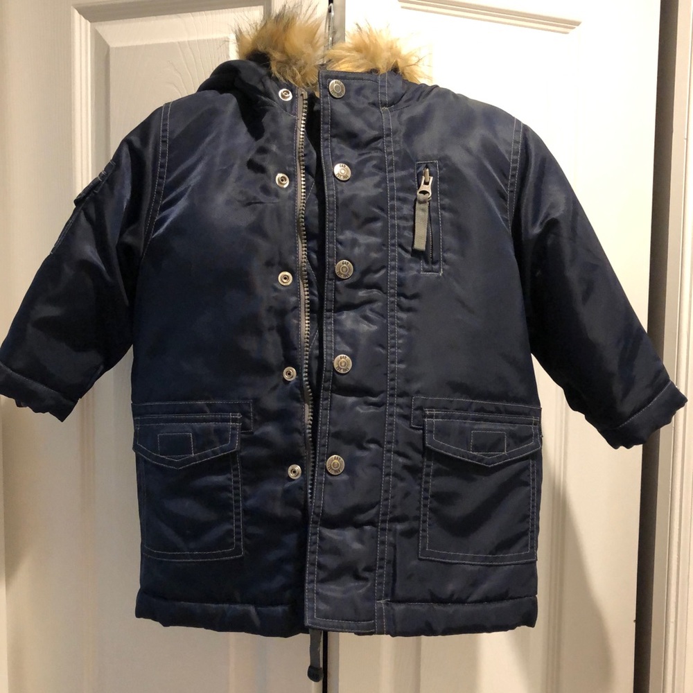 kids winter coat - navy blue with fur accents